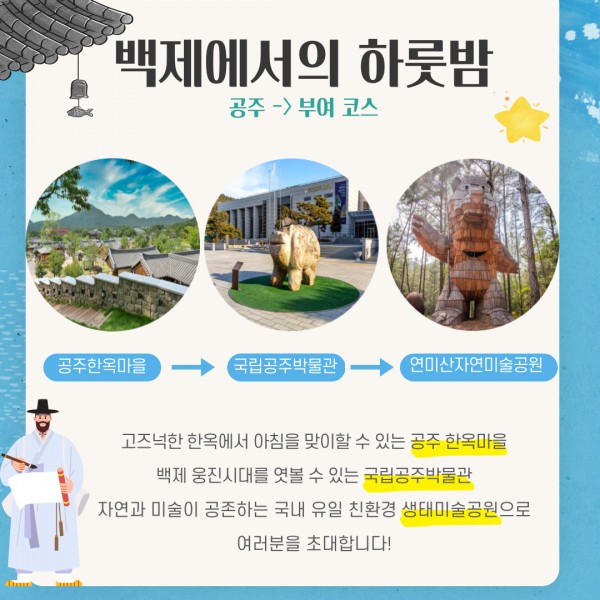 백제에서의 하룻밤 공주→부여코스. 공주한옥마을→국립공주박물관→연미산자연미술공원. 고즈넉한 한옥에서 아침을 맞이할 수 있는 공주 한옥마을. 백제 웅진시대를 엿볼 수 있는 국립공주박물관. 자연과 미술이 공존하는 국내 유일 친환경 생태미술공원으로 여러분을 초대합니다!