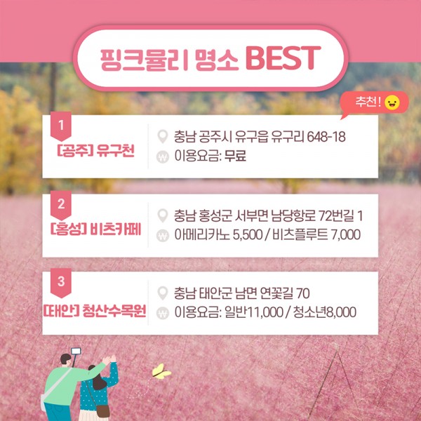 핑크뮬리 명소 BEST 1[공주]유구천 충남공주시 유구읍 유구리 648-18. 이용요금:무료. (추천!). 2[홍성]비츠카페 충남 홍성군 서부면 남당항로 72번길1. 아메리카노 5,500원/비츠플루트 7,000원. 3[태안]청산수목원 충남 태안군 남면 연꽃길70 이용요금:일반11,000원/청소년8,000원